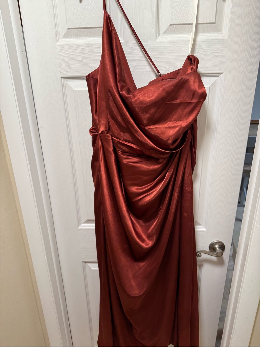Satin Draped Slip Dress in Rust Red